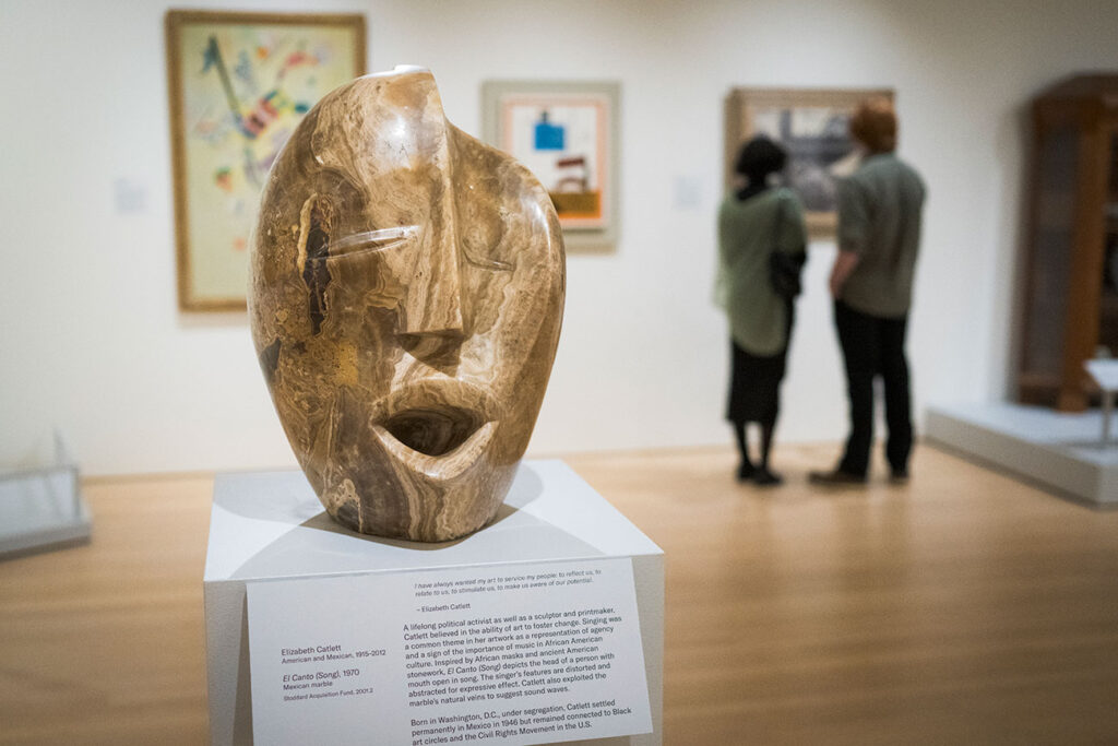View of the Modern Art gallery with a sculpture by Elizabeth Catlett in the foreground