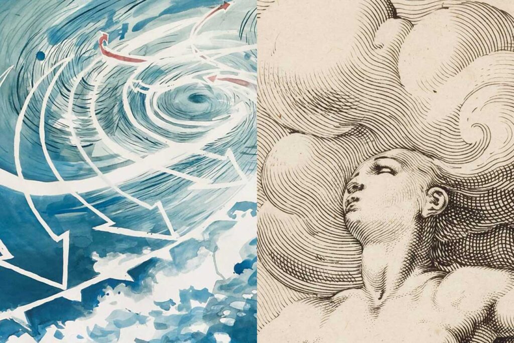 Details of two works from the exhibitions 'A Weather Eye' and 'Fever Dreams of a Cool-breathed Earth'