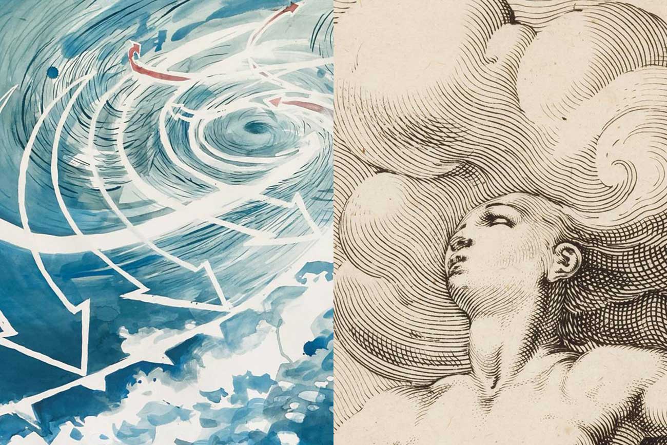 Details of two works from the exhibitions 'A Weather Eye' and 'Fever Dreams of a Cool-breathed Earth'