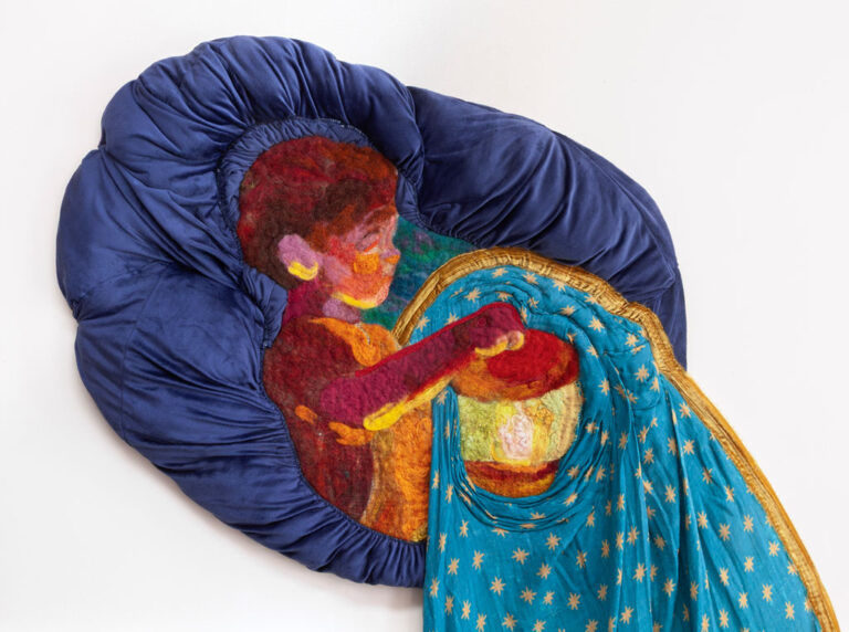 Kara Patrowicz, 'Vigil (Tilma),' 2026, Felting with wool and mulberry silk, fabric applique, embroidery, fiber fill, crib sheet, burp cloth, washcloth, baby swaddle