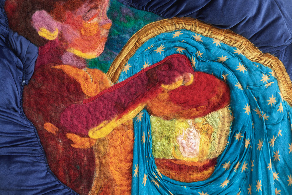 Kara Patrowicz, 'Vigil (Tilma),' detail, 2026, Felting with wool and mulberry silk, fabric applique, embroidery, fiber fill, crib sheet, burp cloth, washcloth, baby swaddle