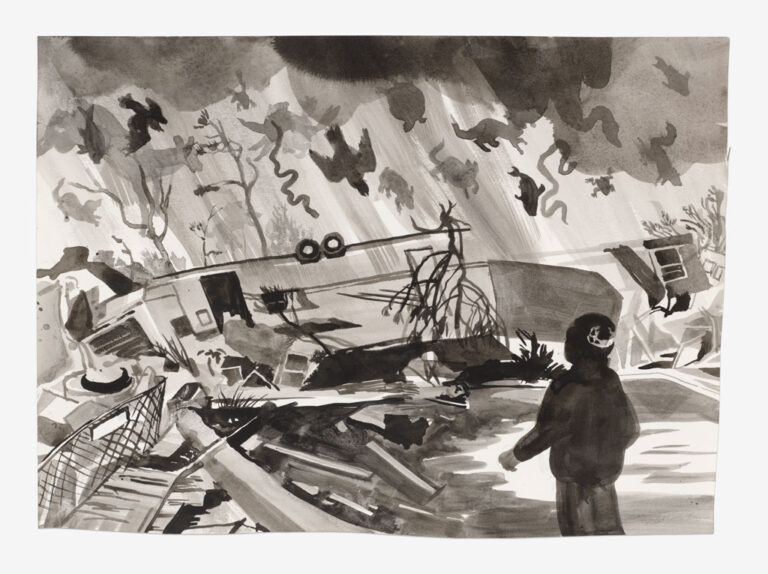 Christa Donner, 'Cats and Dogs and…,' 2025, ink on paper, 13 x 17 ¾ inches. Installed as part of Whether Report, 2026.