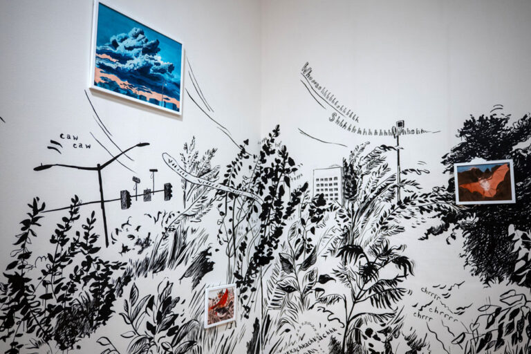 Christa Donner, 'Future Forest,' detail, 2026, ink on wall with framed pigmented ink on paper, approximately 20 x 10 feet