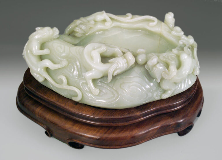 Chinese, 'Brush Washer with Five Qi Dragones and Clouds,' 19th-20th Century CE, pale green nephrite
