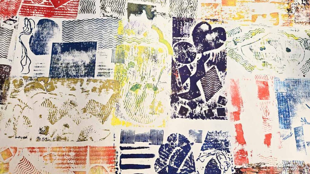 Collaborative collograph print from the exhibition 'Among Blooms: Finding Ourselves in Nature'