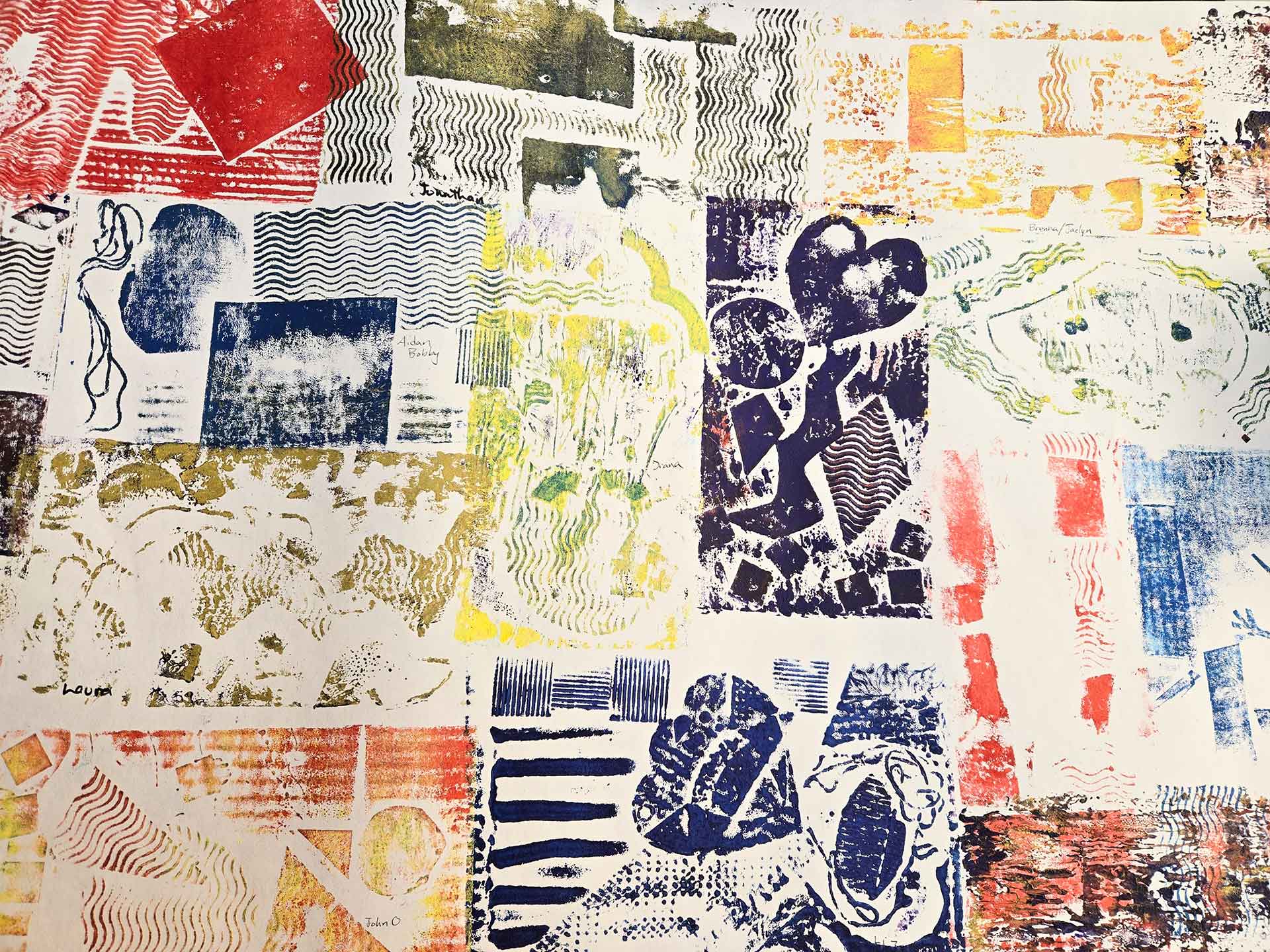 Collaborative collograph print from the exhibition 'Among Blooms: Finding Ourselves in Nature'