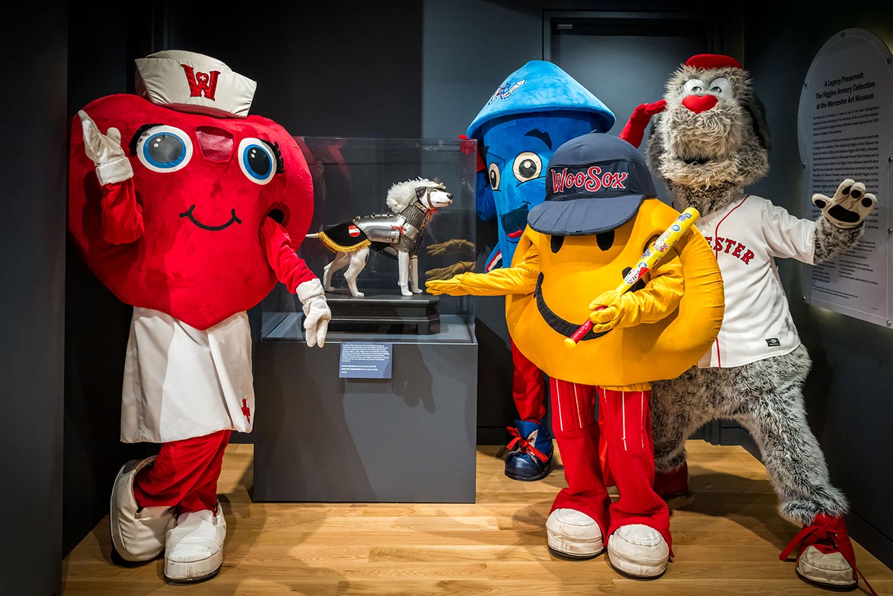 Worcester mascots: Clara, Roberto, Smiley, and Woofster