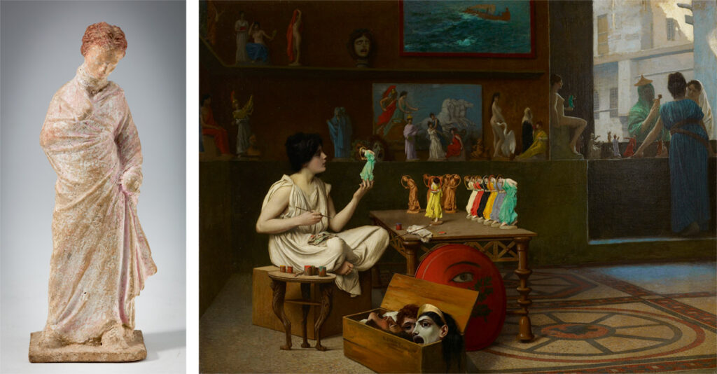 Greek style, 'Tanagra Maiden', 450-200 BCE, painted or glazed terracotta, and Jean-Léon Gérôme, 'The Antique Pottery Painter: Sculpturae vitam insufflat pictura', 1893. oil on canvas